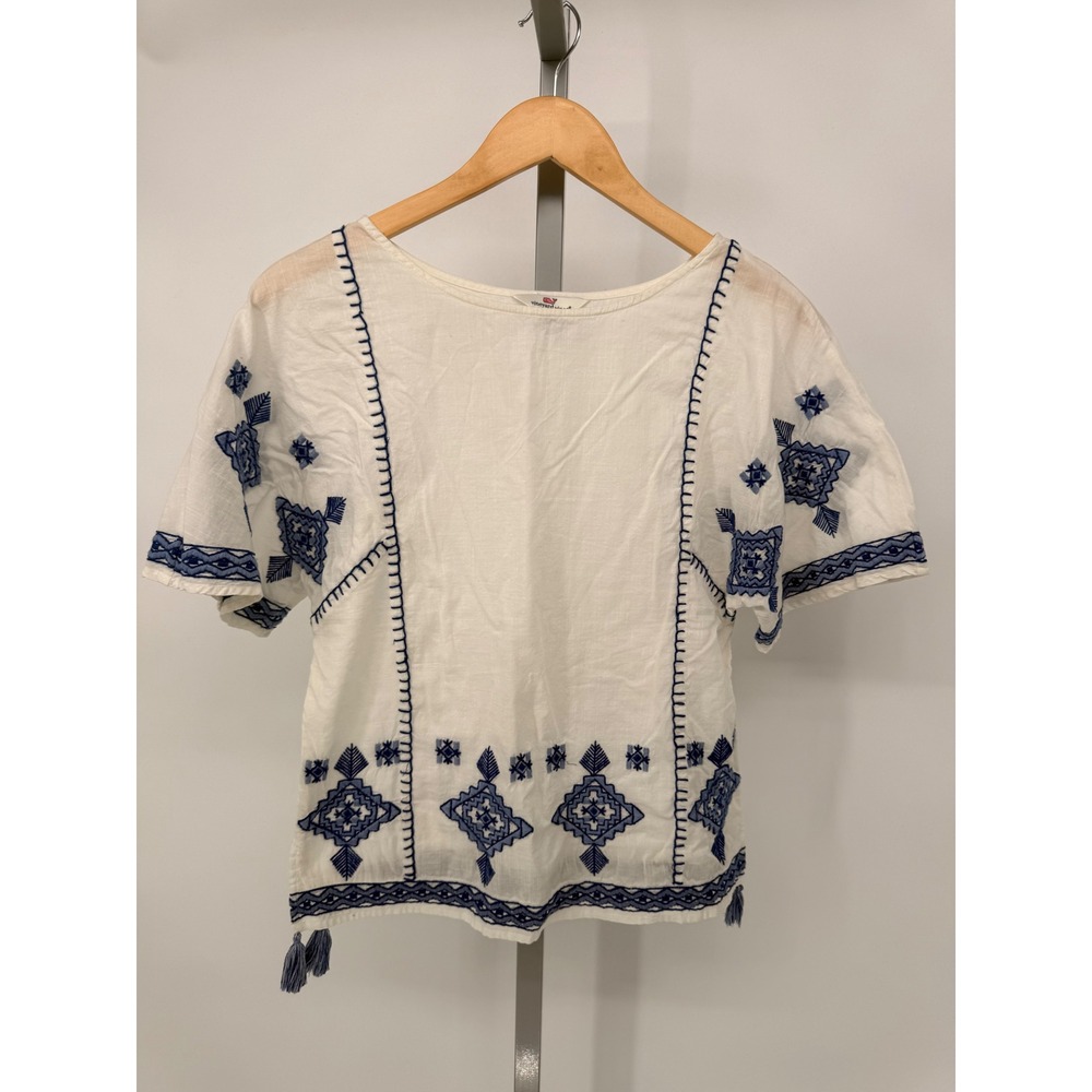 Vineyard Vines Womens XXS White Blue Embroidered Tassel Cotton Gauze Boho Top